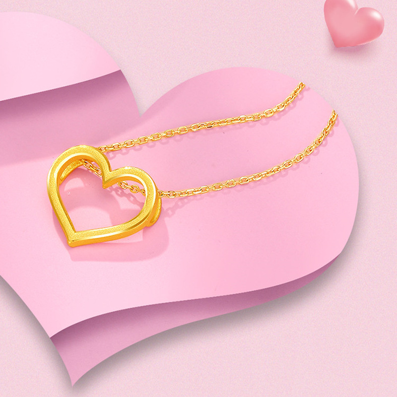 中国金店黄金吊坠999足金镂空爱心挂坠纯金心形锁骨o字项链礼物女