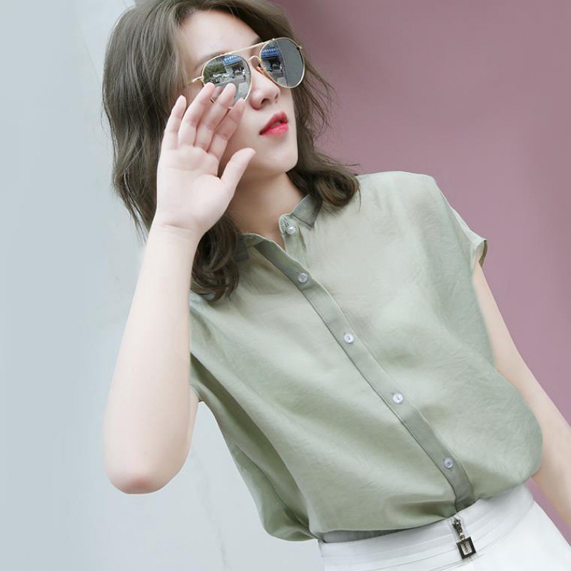 夏季短袖新款韩版显瘦清新宽松百搭气质清新雪纺衫短袖上衣女衬衫