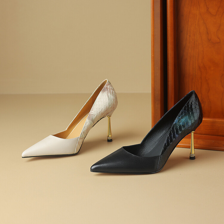 蛇皮女式高跟鞋2024春季新款时尚休闲增高浅口单鞋细跟尖头小皮鞋