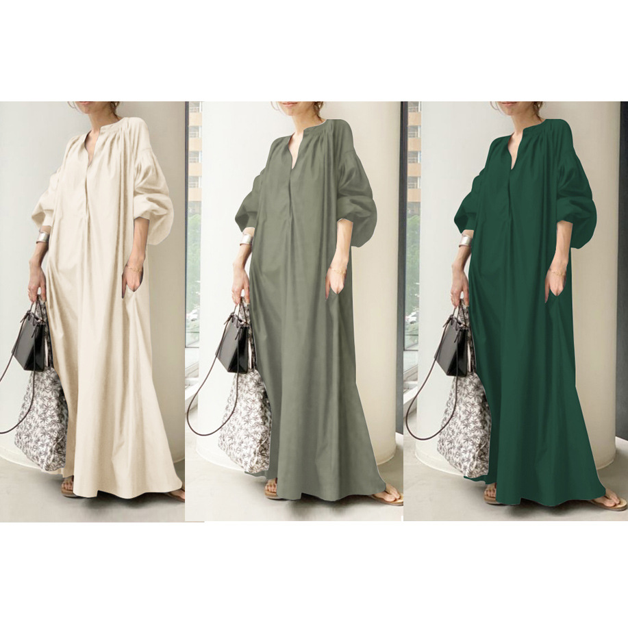 2022 New Cross-Border AliExpress Temperament Commute Solid Color Cotton Linen Loose Lantern Sleeve Loose Big Hem Dress