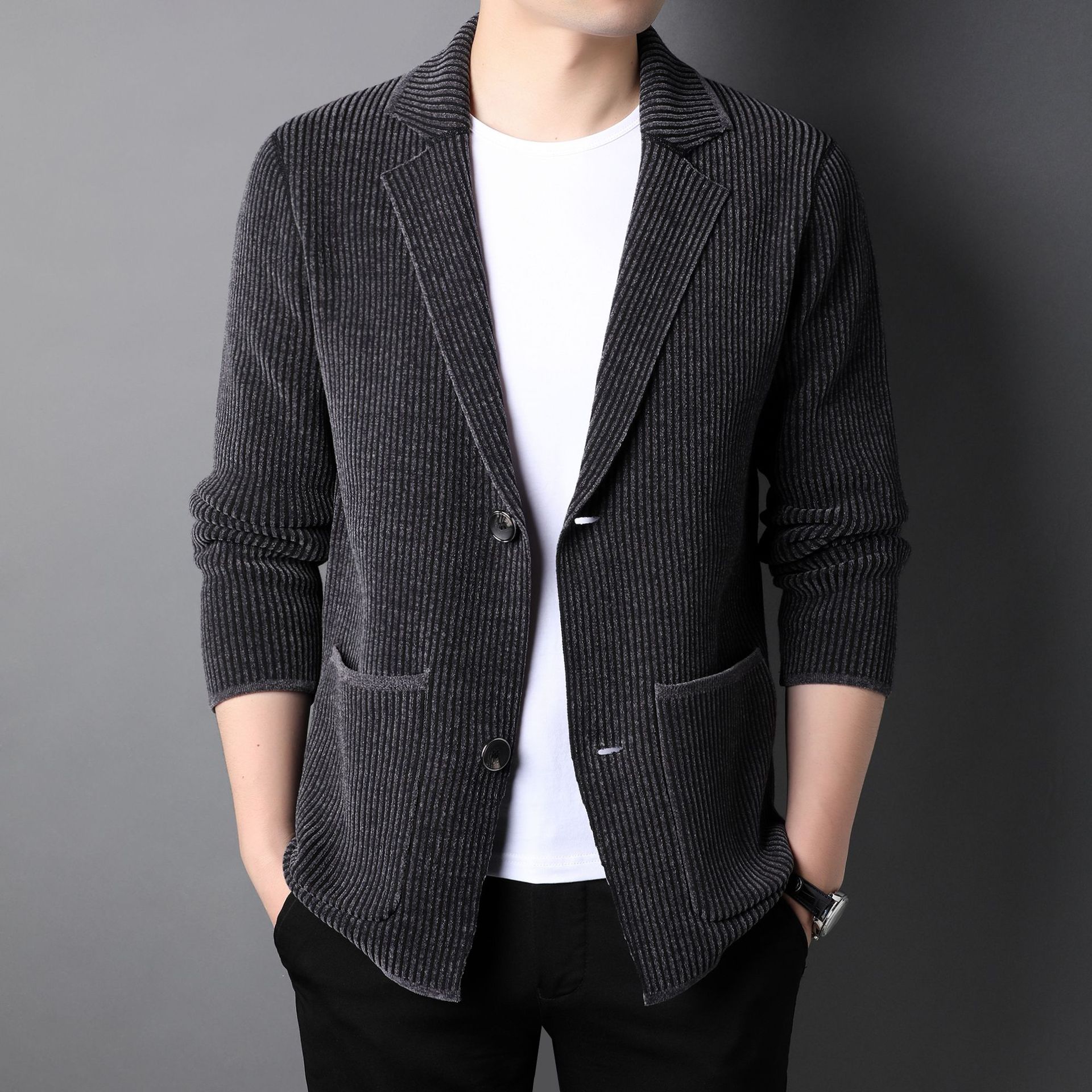 2021秋季新款含羊毛针织开衫中青年男士休闲西装领毛衣外套男装厂