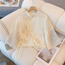 新中式国风七分袖雪纺衬衫女夏季新款设计感提花系带宽松小众上衣