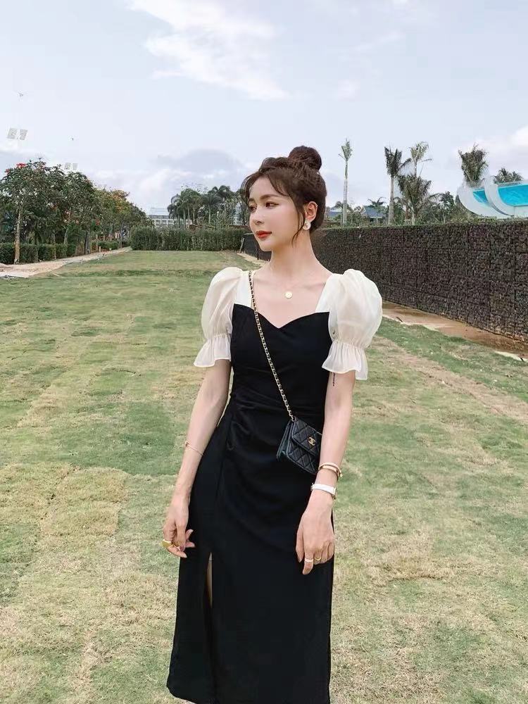 French Style Puff Sleeve Dress Summer 2021 New Slim Fit Slimming Temperament Goddess Style Socialite Stitching Black Dress