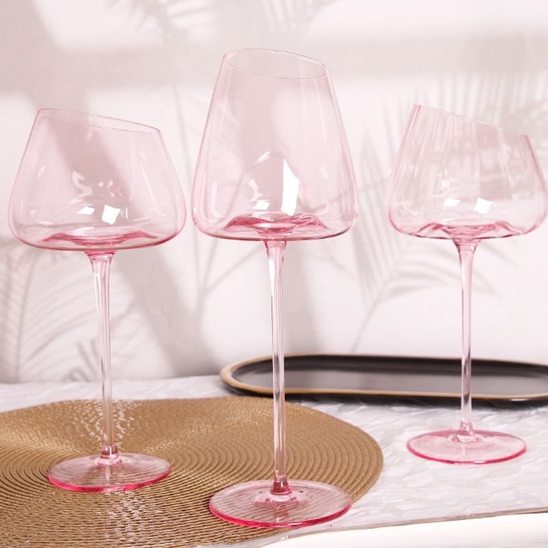 European-Style Oblique Pink Concave Bottom Red Wine Glass Crystal Glass Goblet High-Looking Wine Glass Wine Set Wholesale