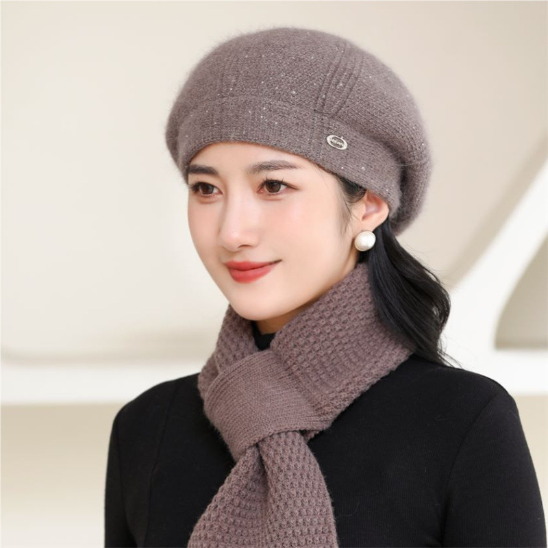 中老年人贝雷帽子秋冬天兔毛加绒保暖帽女士妈妈奶奶针织毛线帽