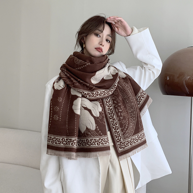 New Women's Scarf Autumn and Winter Peony Flower Scarf Thickened Double-Sided Cashmere-like Warm Talma All-Match Scarf
