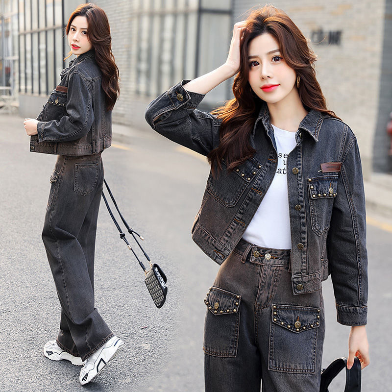 牛仔套装女洋气减龄2022春秋新款时尚显瘦外套阔腿裤两件套