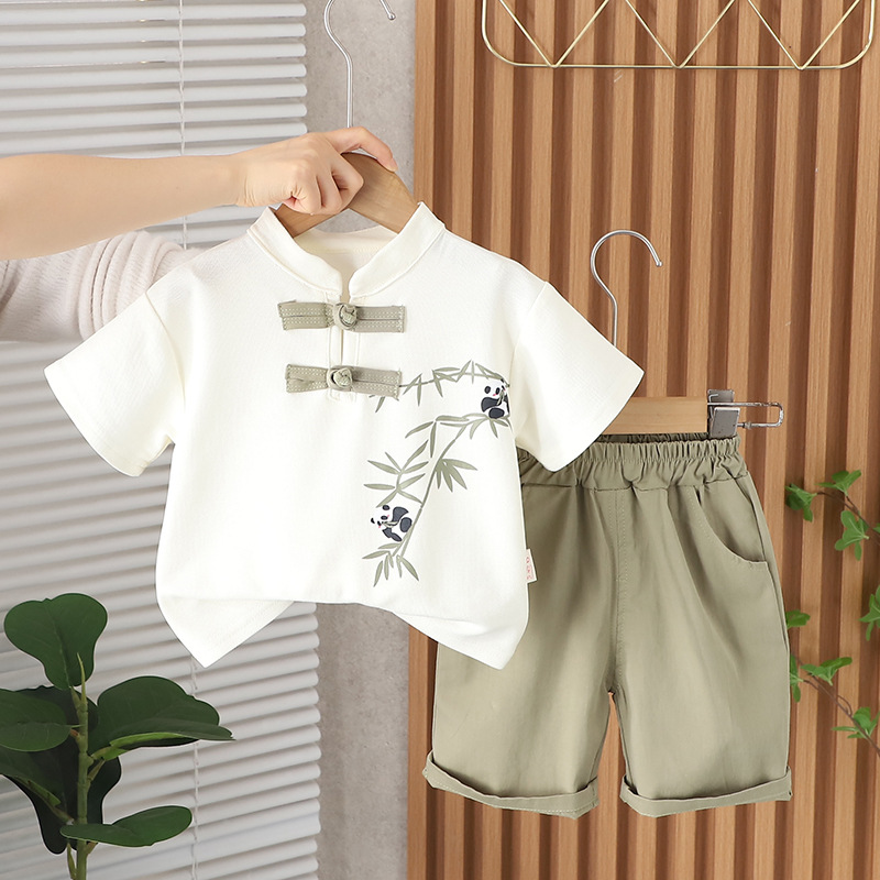 2024 New Western Style Boy Summer Clothing Shirt Outfit Baby Boy Summer Chinese Frog Tang Suit National Style Shirt Outfit