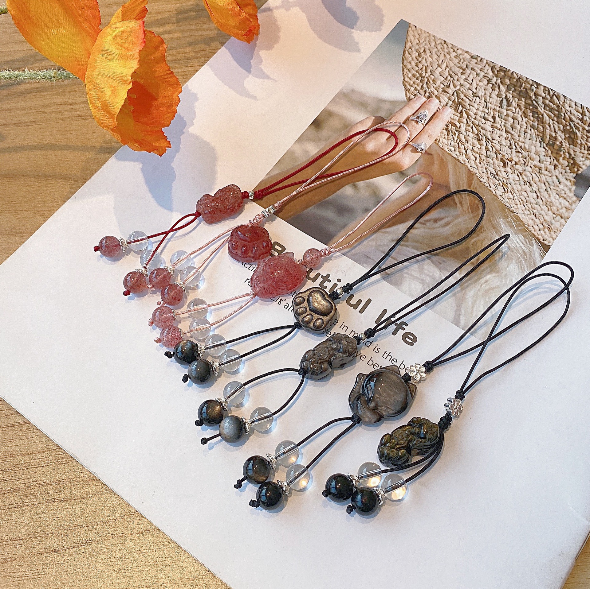 手机包包水晶小挂件草莓晶貔貅猫爪银曜石狐狸貔貅挂饰diy小饰品