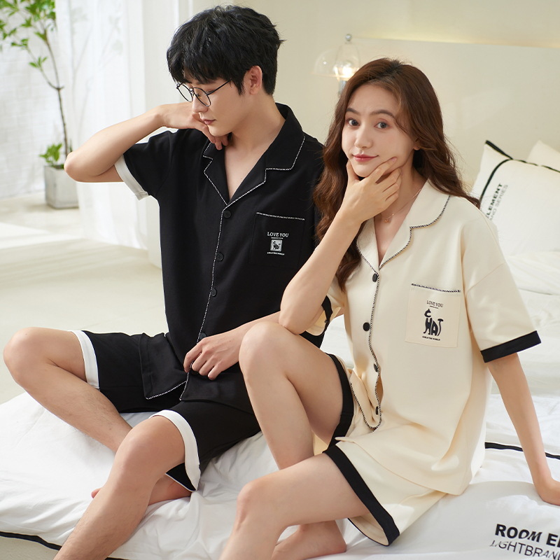 Summer Short-Sleeved Couple Pajamas Cotton Men's and Women's Summer Cardigan plus Size Shorts Suit Live Home Wear