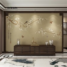 新中式墙布电视背景墙卧室客厅沙发花鸟墙纸喜上眉梢梅花壁纸壁画