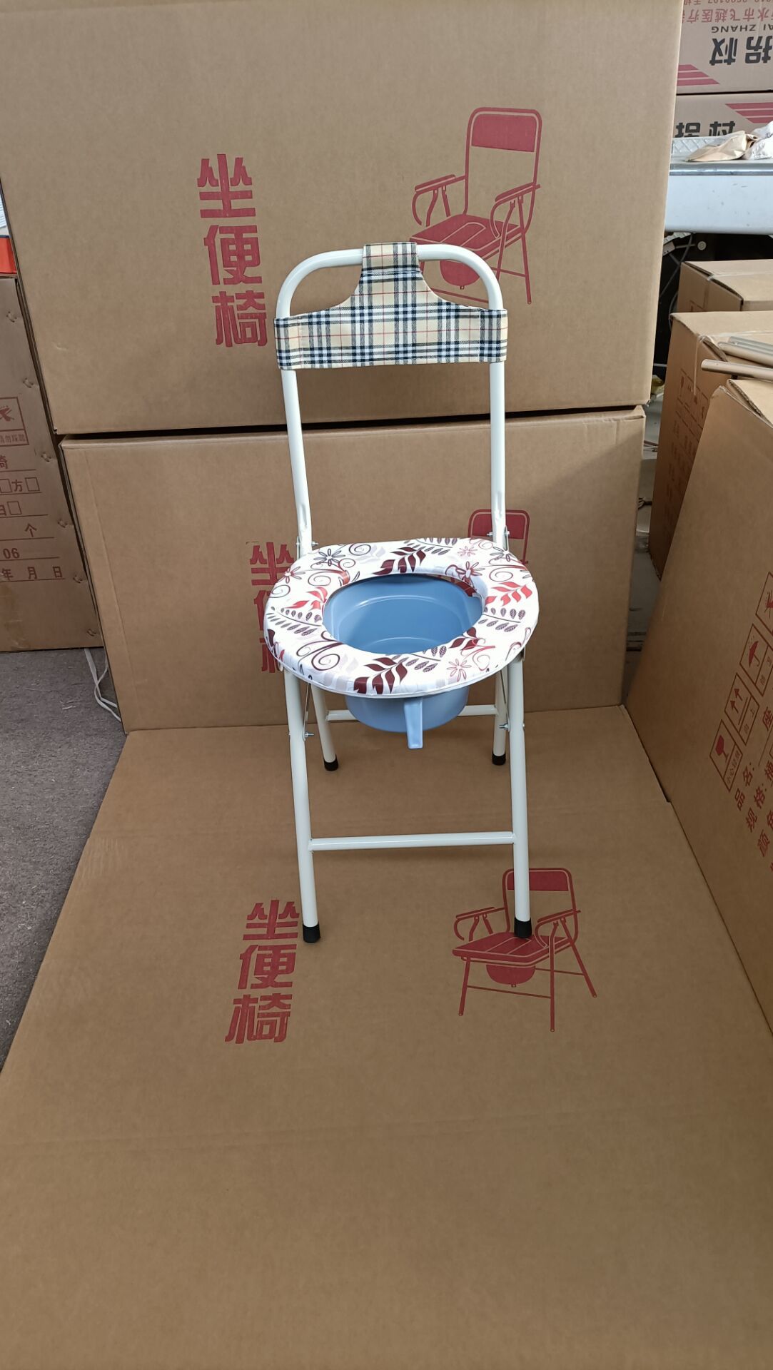 厂家批发老人折叠坐便椅坐便器家用小花高靠背座便椅带盆坐便椅