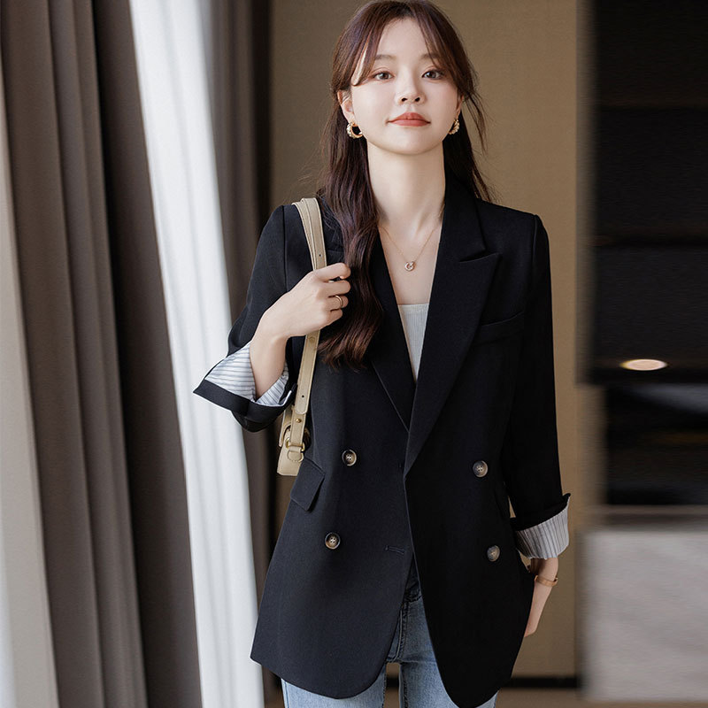 双排扣黑色西服外套宽松显瘦职业女装时尚气质春秋新款工作服上衣