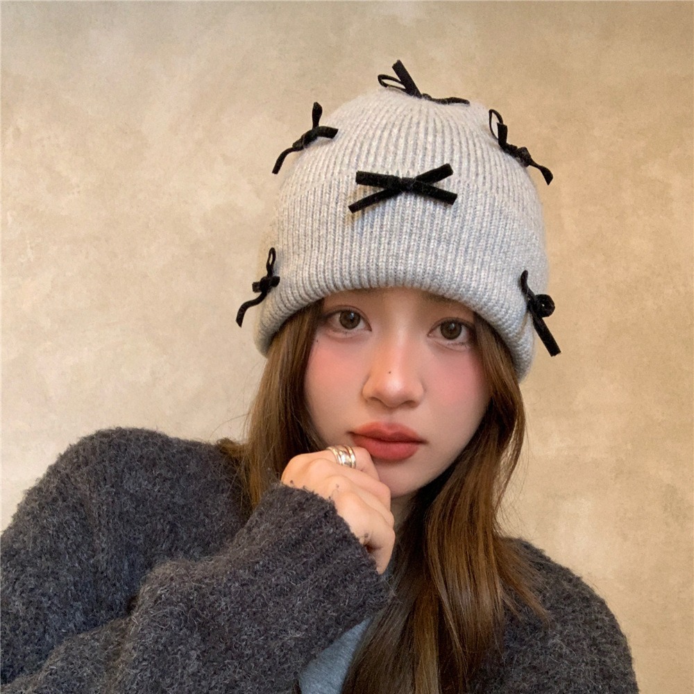 蝴蝶结针织兔毛毛线帽子女秋冬ins甜美加厚保暖冷帽手套-阿里巴巴