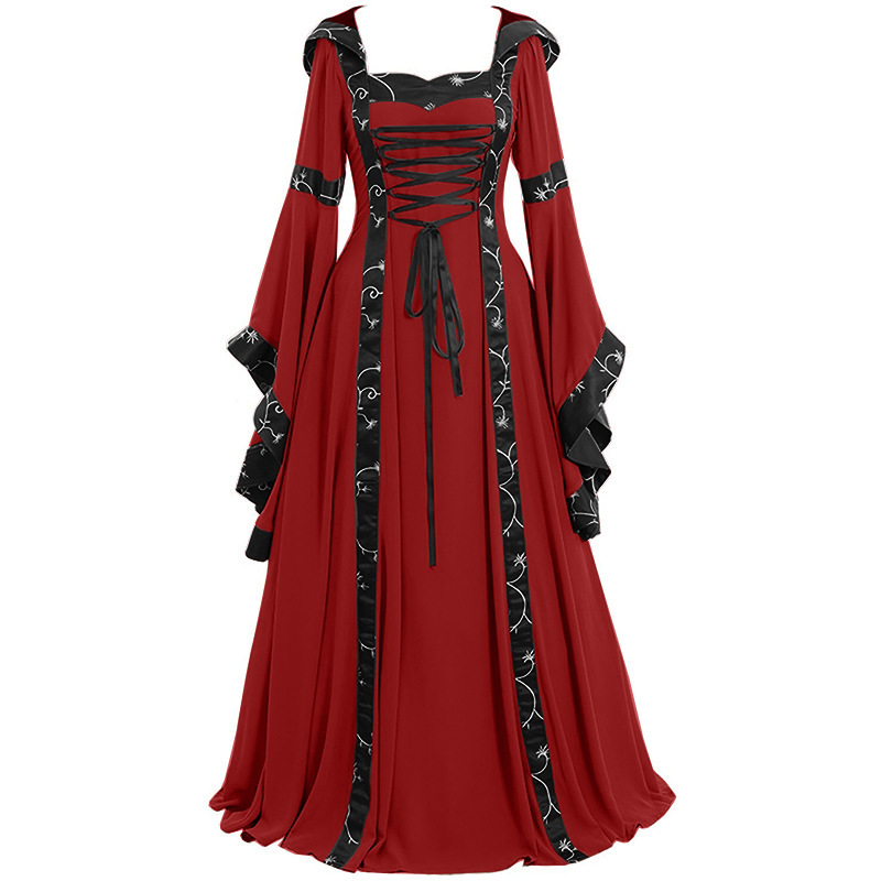 Cross-Border Foreign Trade Women's Court Medieval Retro Long Dress Square Collar Lace up Girdle Flare Sleeve Halloween Costume