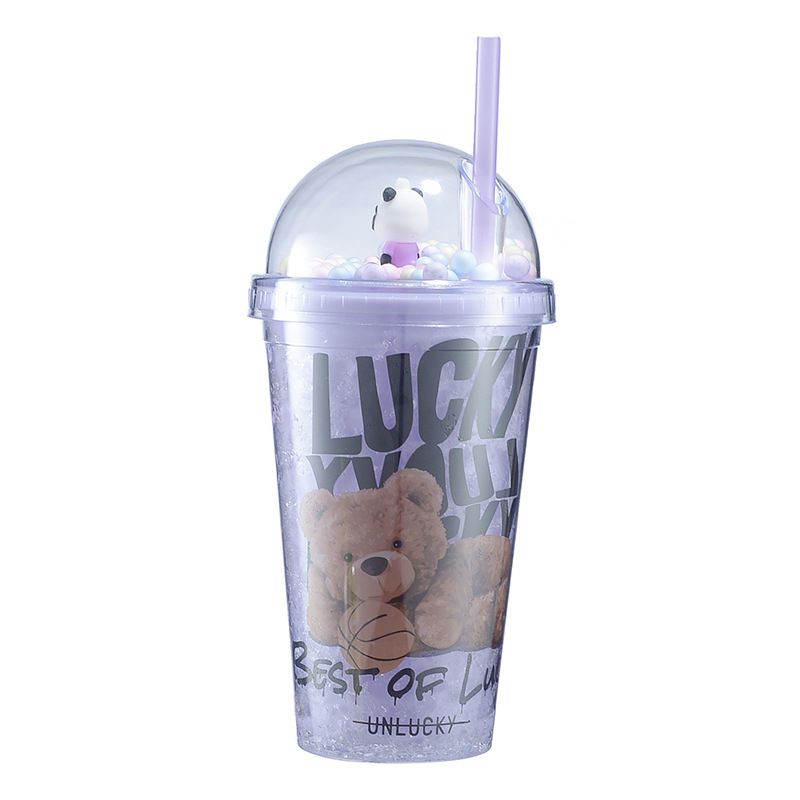 New Creative Bear Double Plastic Straw Cup Good-looking Student Summer Ice Cup Children Cartoon Gift Cup