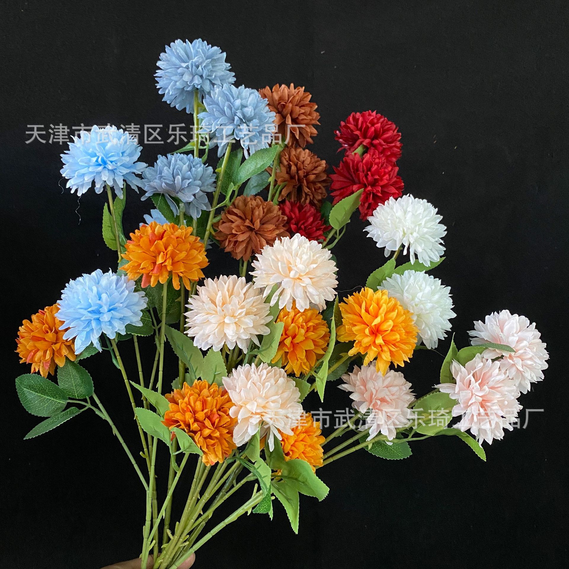 3头球菊仿真花婚庆花排背景装饰路引块状花材刺球花把束假花