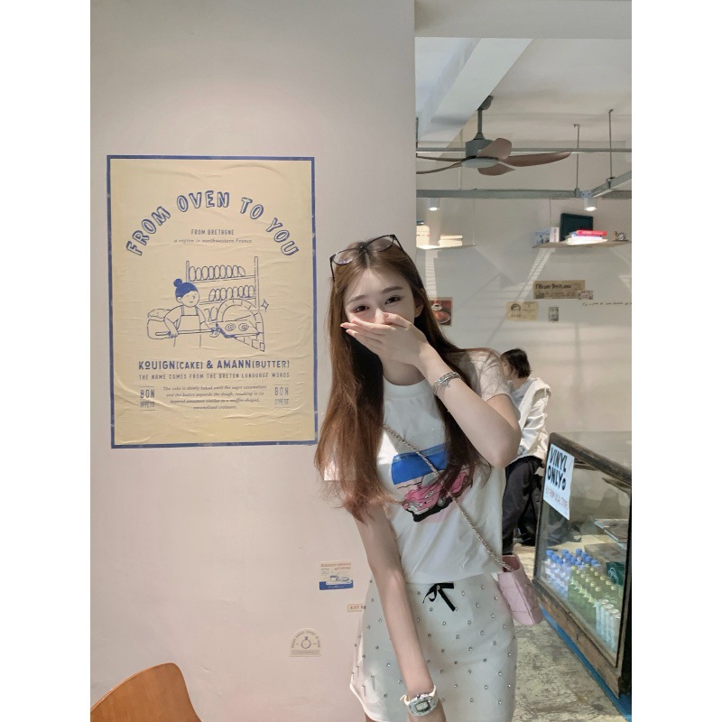 2024早春新款热带海滨跑车双c字母珠片印花小香风纯棉