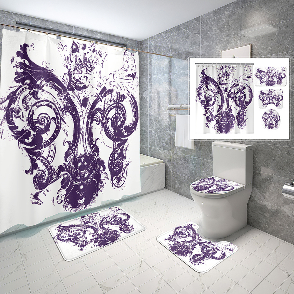 White Waterproof Shower Curtain Four-Piece Skull Flower Digital Printing Bathroom Set Three-Piece Set Toilet Cover Mat