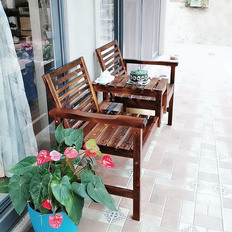 户外实木庭院桌椅炭化防腐木双人靠背椅带茶几公园休闲椅包邮氵