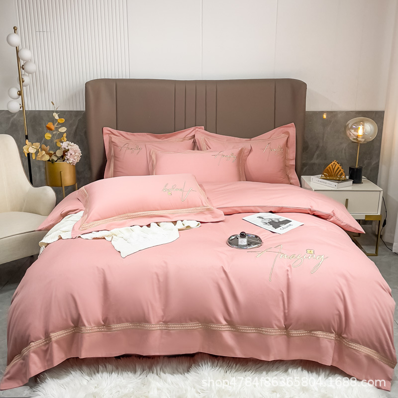 100%纯棉刺绣款四件套纯色高档全棉被套轻奢四季款床单枕套批发