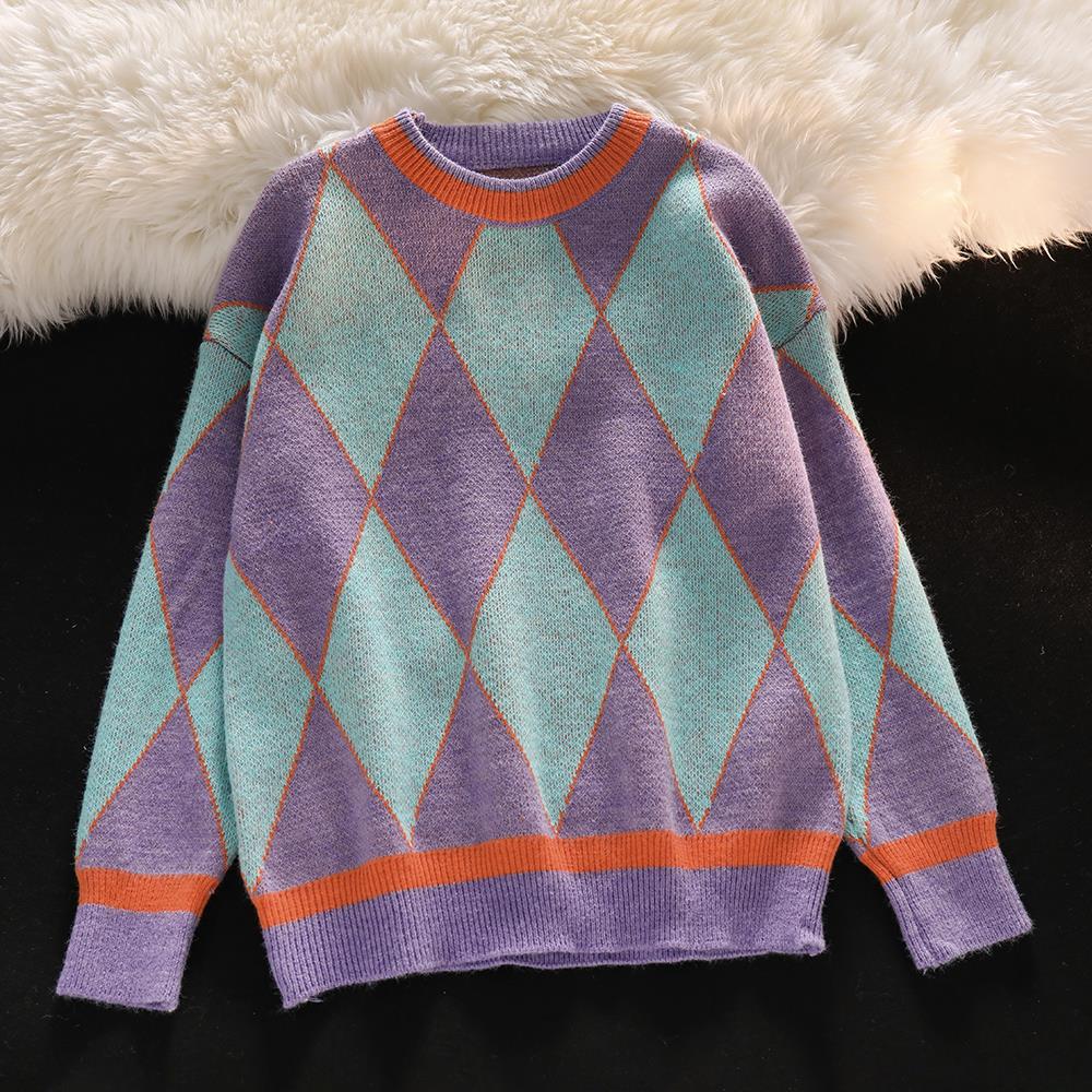 菱形格子针织衫套头图片