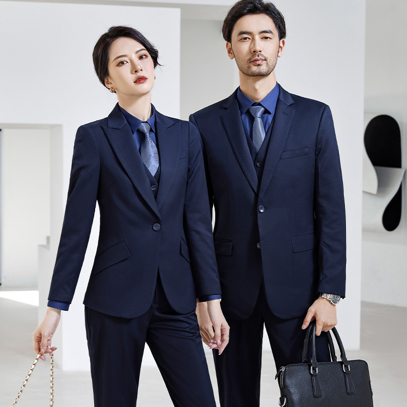 高端西服男套装三件套藏青色西服商务正装企业教师工作服银行工装