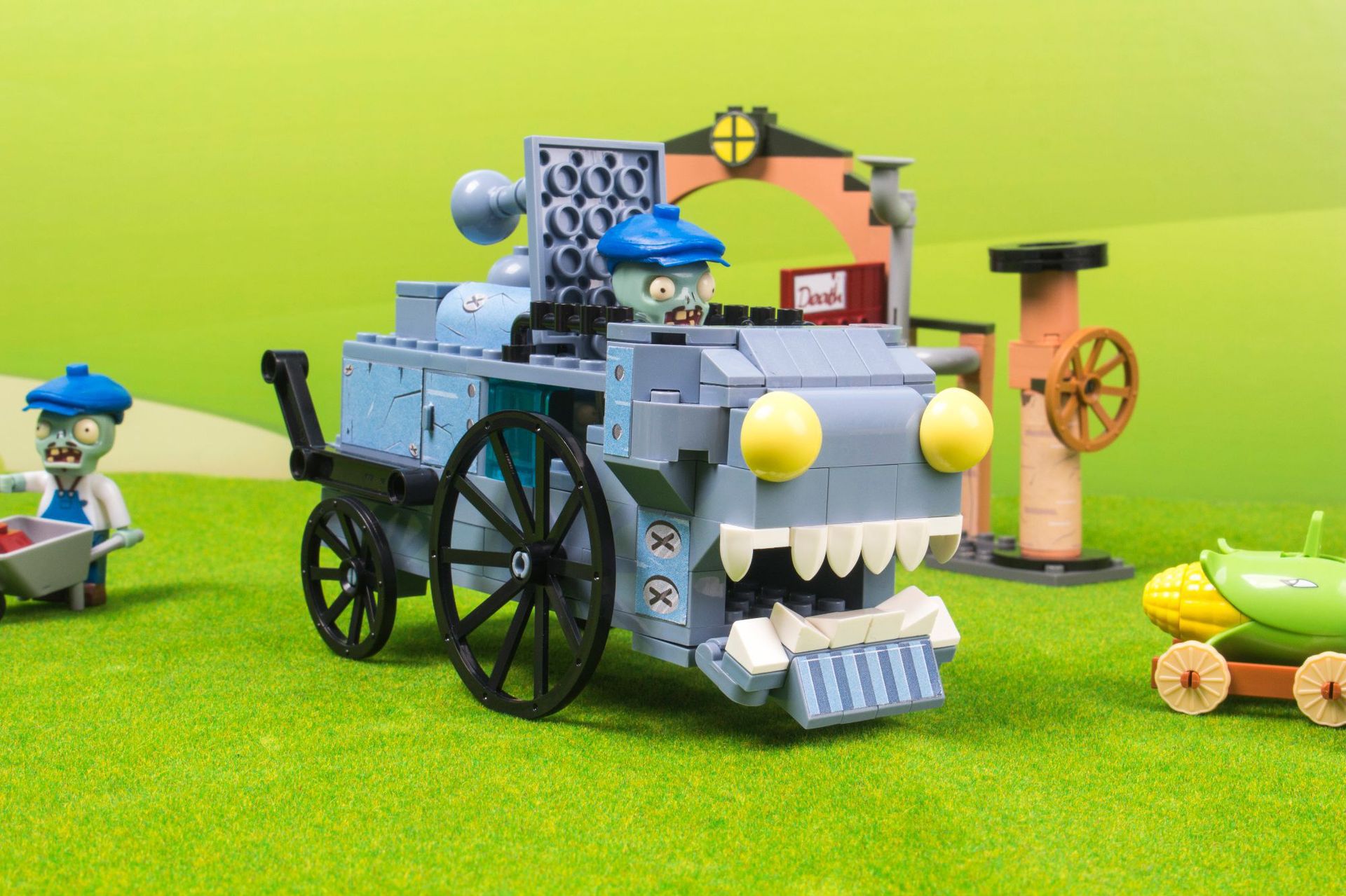 潮升植物大战僵尸2黑暗巨龙守卫蒸汽僵尸列车玉米炮弹射积木玩具