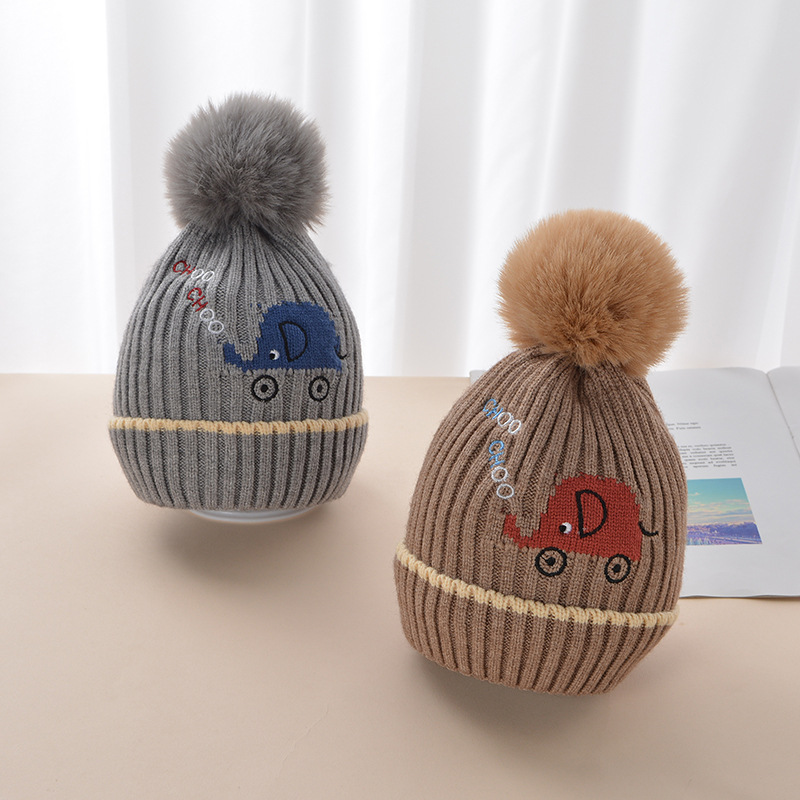 Children Bay Hat Winter Baby Elephant Woolen Cap Big Fur Ball Knitted Hat High Elasticity Small and Medium Bay Hat Cotton Lining