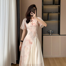 裙子夏季时尚复古中式国风改良连衣裙拼接网纱设计感气质淑女超仙