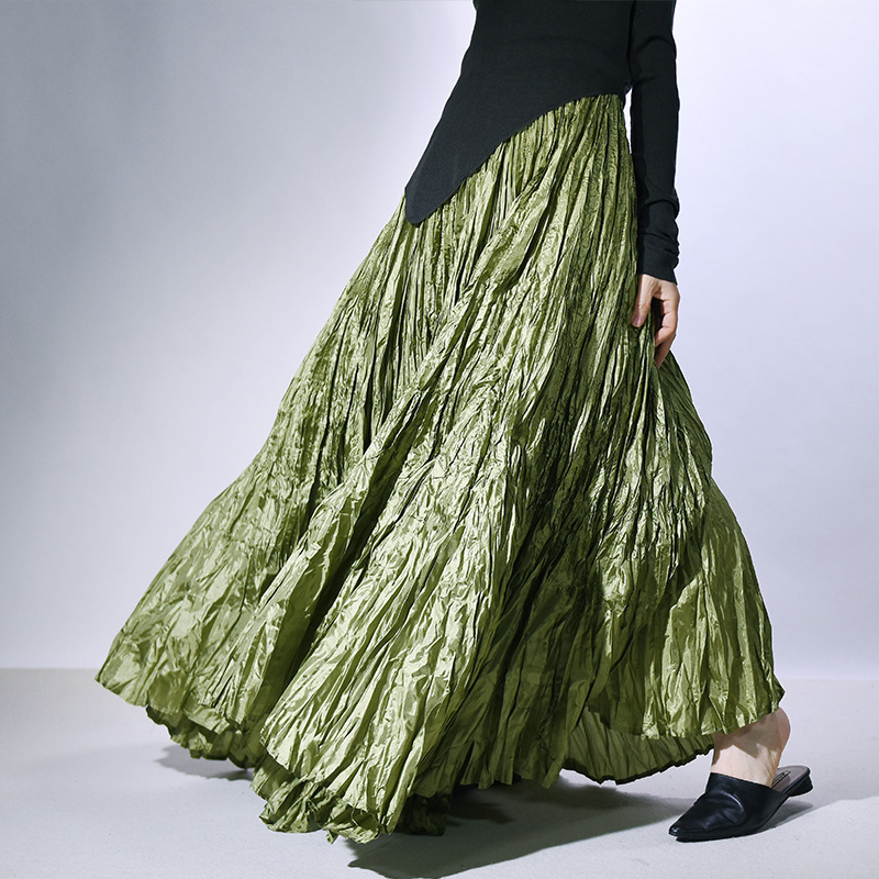 肌理感褶皱半身裙女不规则长款大摆舞蹈裙高腰遮腿显瘦长裙百褶裙