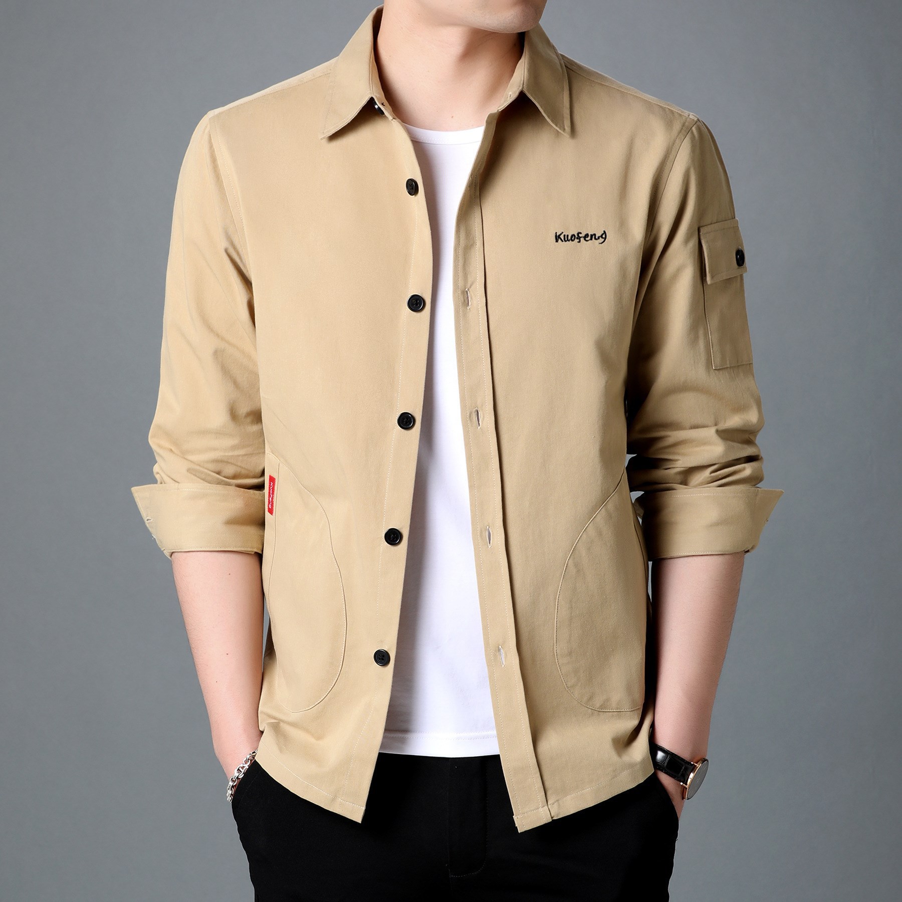 文培服饰男士长袖衬衫春季新款水洗休闲衬衫工装宽松商务衬衣外套