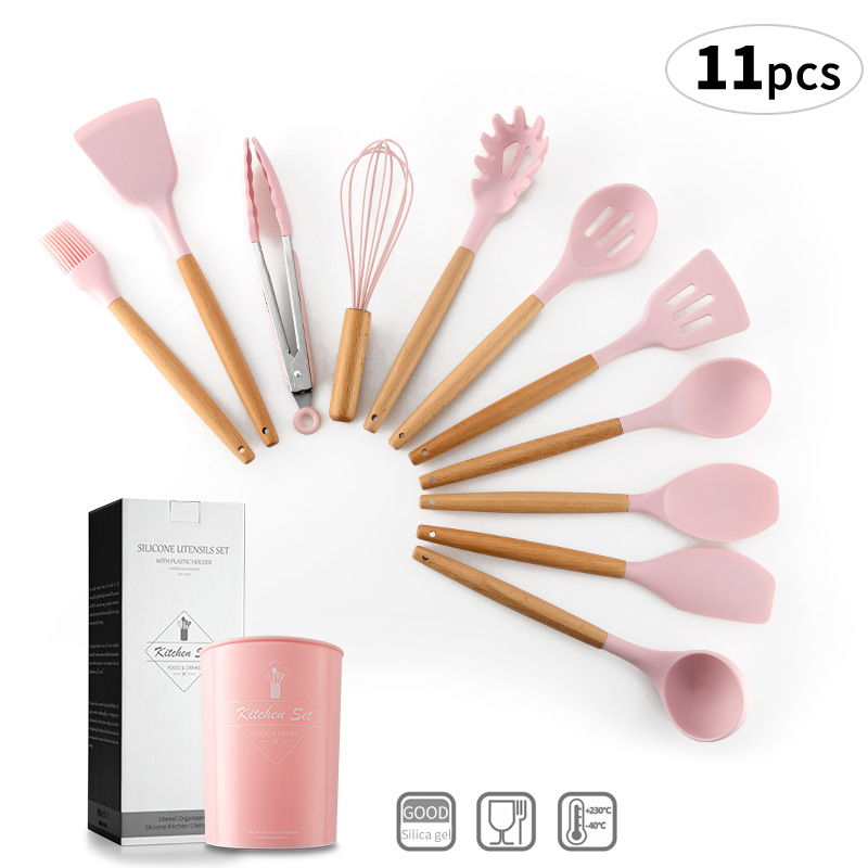 Pink Wooden Handle Silicone Kitchenware Set with Storage Bucket Silicone Kitchenware 12-Piece Beech Cooking Ladel