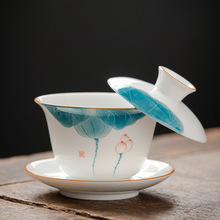 玉手绘悬停盖子碗茶杯泡茶碗白瓷悬浮三才敬茶碗单个陶瓷茶具