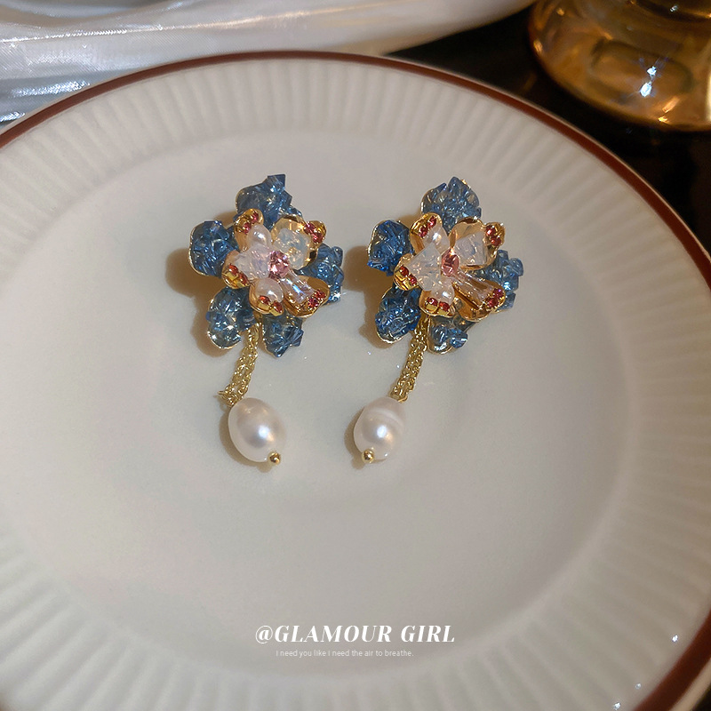 Silver Needle Pearl Diamond Crystal Flower Earrings French Entry Lux Online Influencer Refined Ear Stud Earring Sweet Fashion Earrings