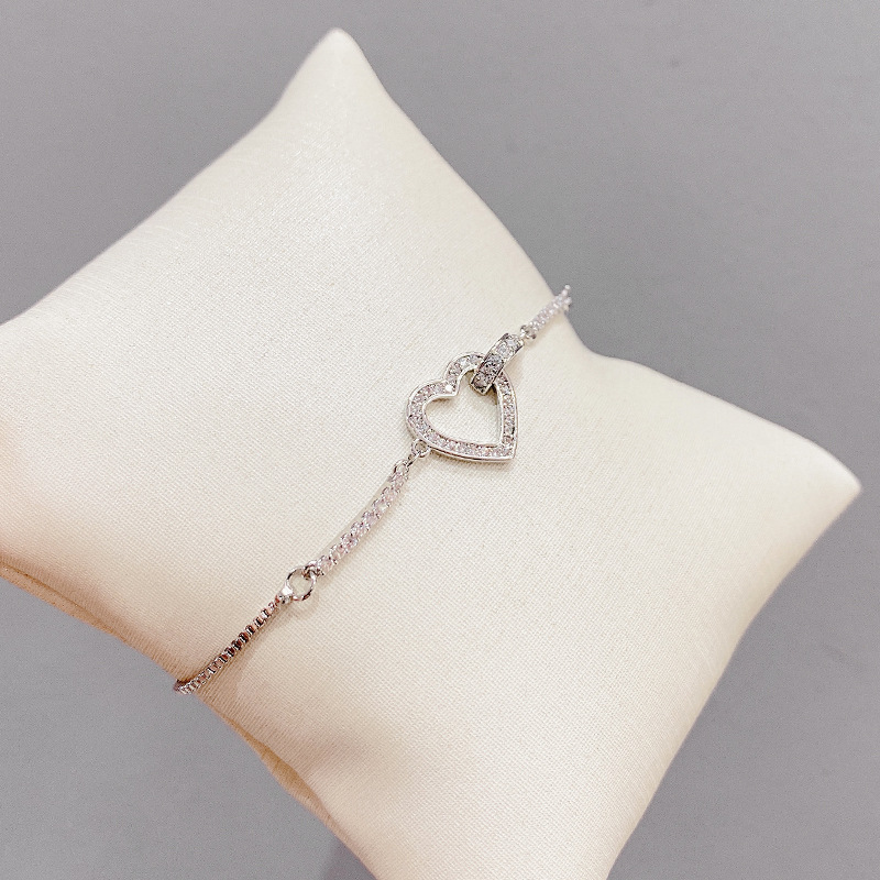 Micro-Inlaid Diamond Heart-Shaped Adjustable Pull Bracelet Female Korean Style New Design All-Matching Graceful Bracelet Source Factory