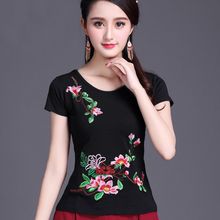 民族风女装上衣绣花恤女短袖夏季新款中国风复古刺绣打底衫