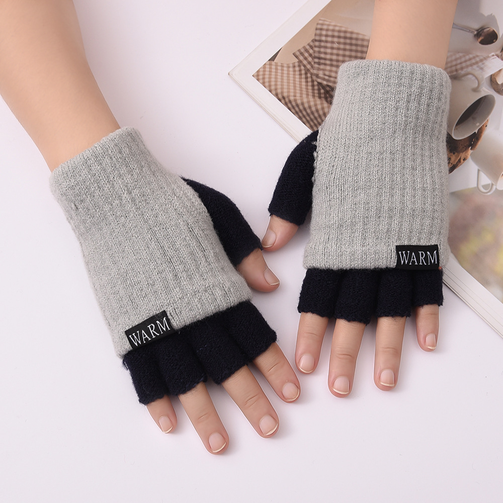半指手套女冬双层加厚保暖韩版可爱学生写字毛线五指漏指手套工作