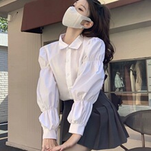 春季衣服女2023新款衬衫女设计感小众泡泡袖松紧抽褶长袖学生宽松