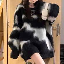 oversize！慵懒风长袖黑白撞色毛衣女秋冬宽松圆领马海毛针织衫潮