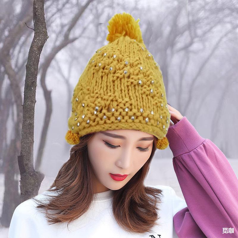 韩版秋冬季帽子女双层加绒彩线毛球毛线士护耳保暖学生加厚针织帽