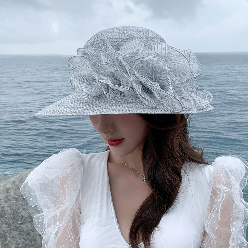 Summer New Women's Organza Flower Big Brim Beach Hat Outdoor Sun-Shade Sun Protection Travel Mesh Fisherman Hat