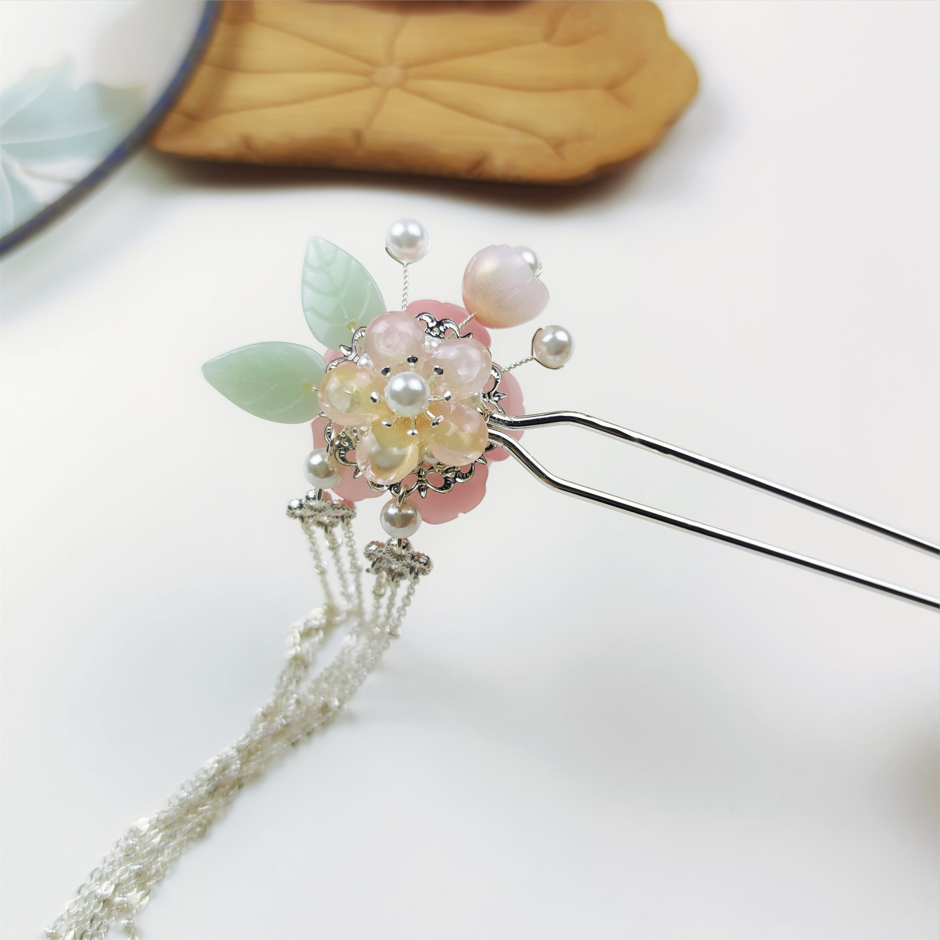 手工制作汉服发簪古装头饰古风配饰流苏发簪步摇花朵粉茶可定制