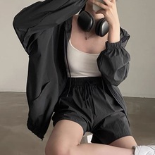 韩国chic夏季简约气质抽绳连帽拉链防晒外套+系带高腰运动短裤女