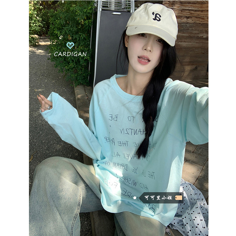 韩系字母印花薄款微透防晒长袖T恤2025春夏新款宽松中长款上衣ins
