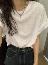 韩国新款多色凉爽透气纯色宽松棉麻卷边短袖T恤女夏白色灰色黑色