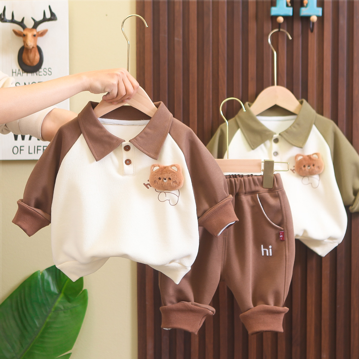 儿童撞色卡通套装童贝童装2024春季新款男女童韩版polo休闲裤套装