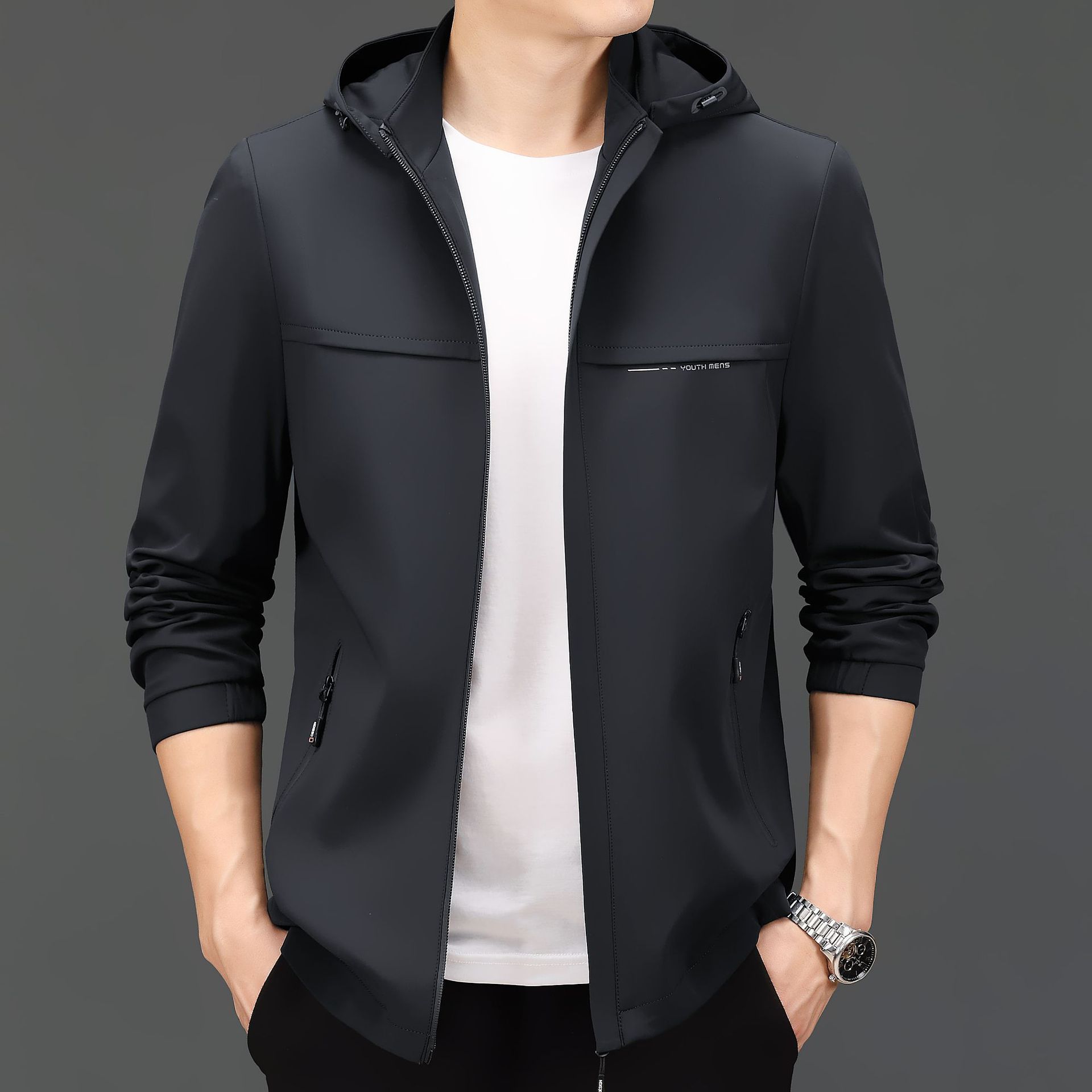 曼茨帛新爸爸装连帽立领夹克衫休闲时尚秋季帅男士气夹克外套男装