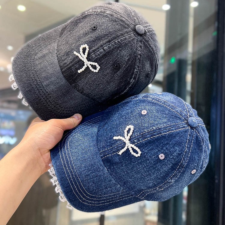 春夏季蕾丝花边牛仔棒球帽女原创手工珍珠蝴蝶结鸭舌帽子韩版百搭