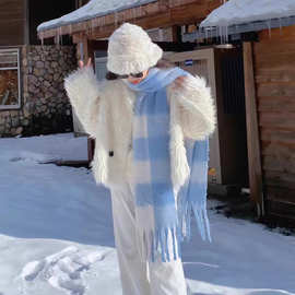 跨境仿羊绒围巾女2025新款学生流苏披肩秋冬围巾双面拼色围脖外搭